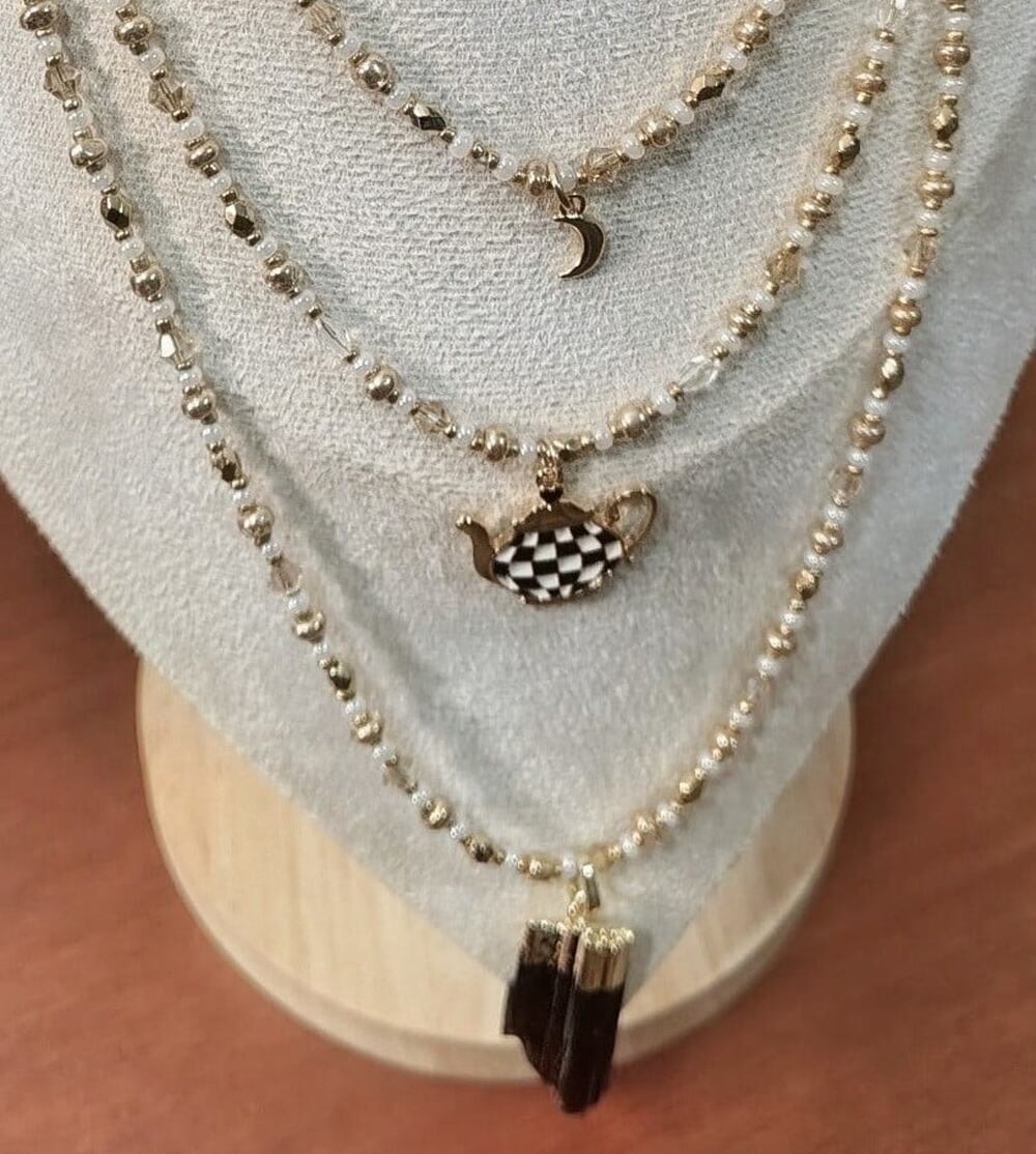 New Black Tourmaline Checkered Teapot w/ Moon Golden Three Layered Necklace